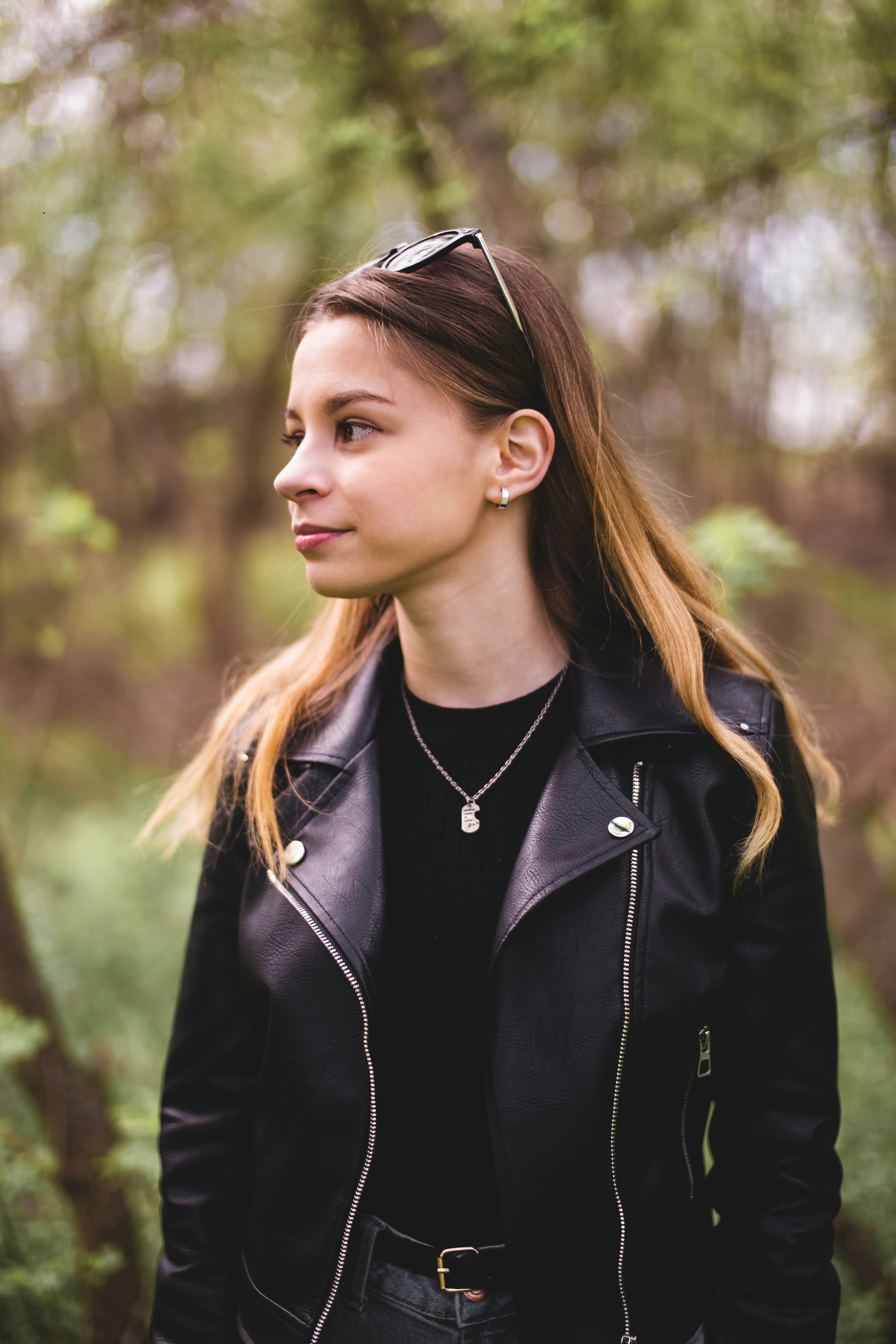 woman in black leather jacket